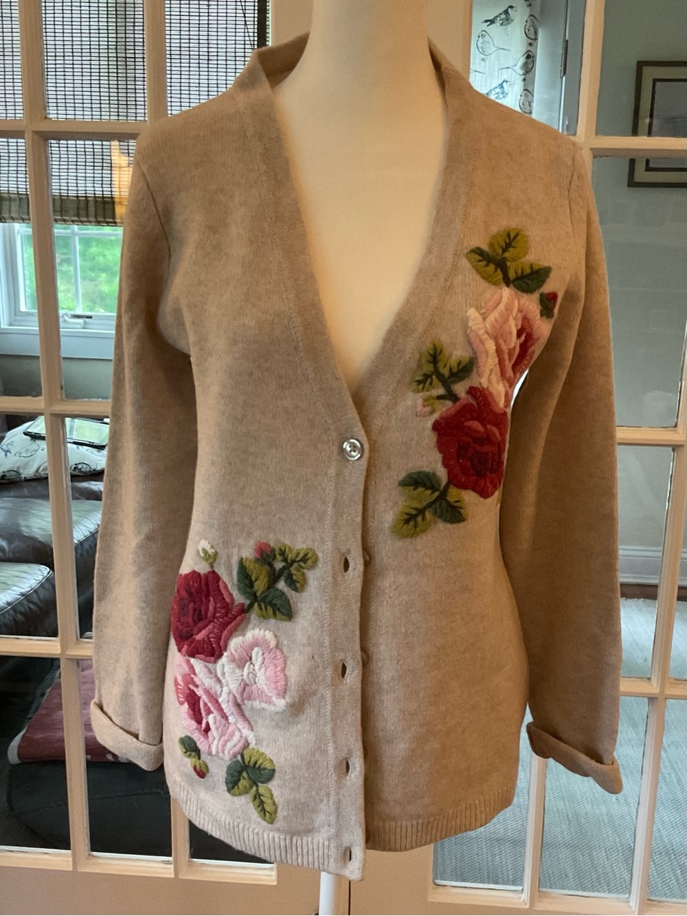 Garnet Hill Beige Cardigan with Pink and Red Embroidered Roses